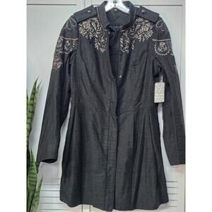 NEW Free People Charcoal Gray Embellished Embroidered Sergeant Coat Sz 6 $248